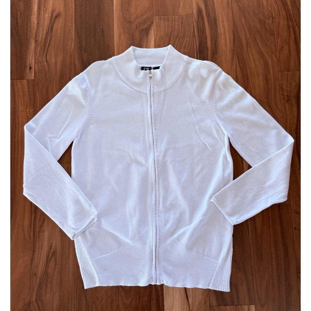 NVO By Lanctot Cardigan Women's White Full Zip Knit Ribbed Panels. Size XL